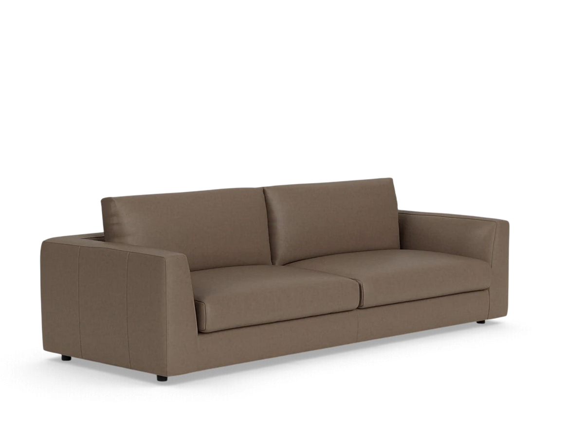 urbane EQ3 Cello 96-inch sofa in a neutral brown fabric with elegant curved lines and memory foam cushions.