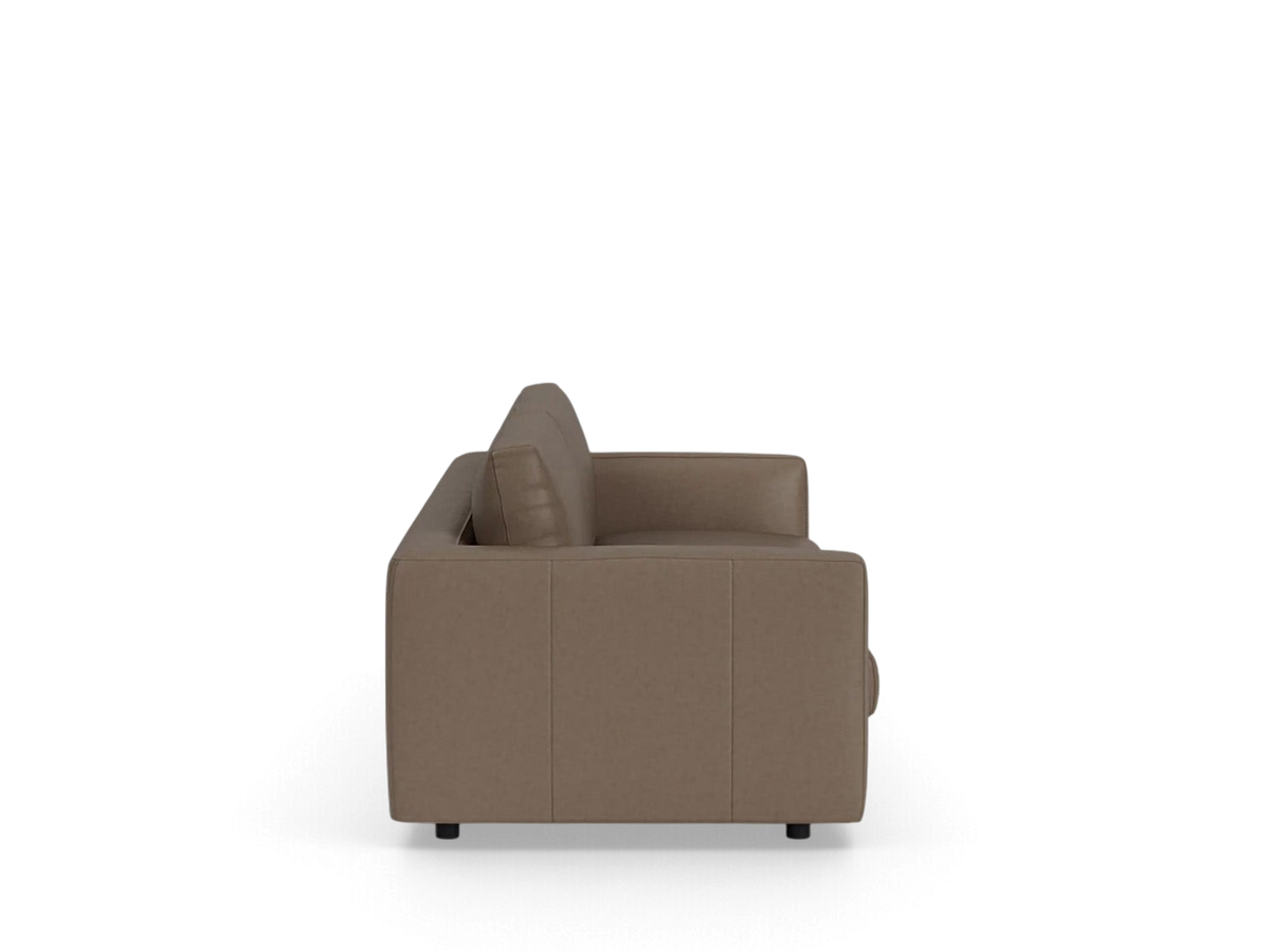 urbane EQ3 Cello 96 inch sofa in brown upholstery shown from a side profile view with clean lines and low back