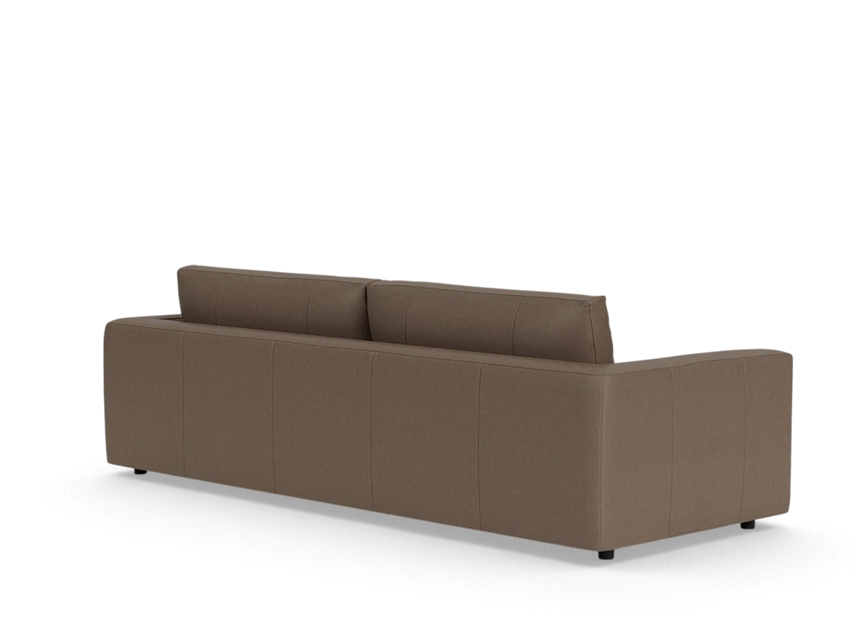 urbane EQ3 Cello 96-inch sofa in a neutral brown fabric with a sleek, modern low-profile back and angled arm design.