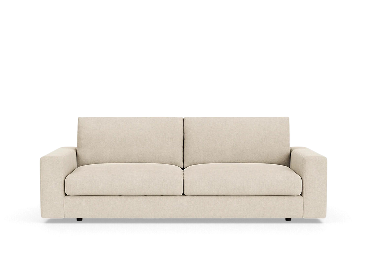 urbane EQ3 Cello 88-inch sofa in a neutral beige fabric with a clean-lined, modern design and two seat cushions.