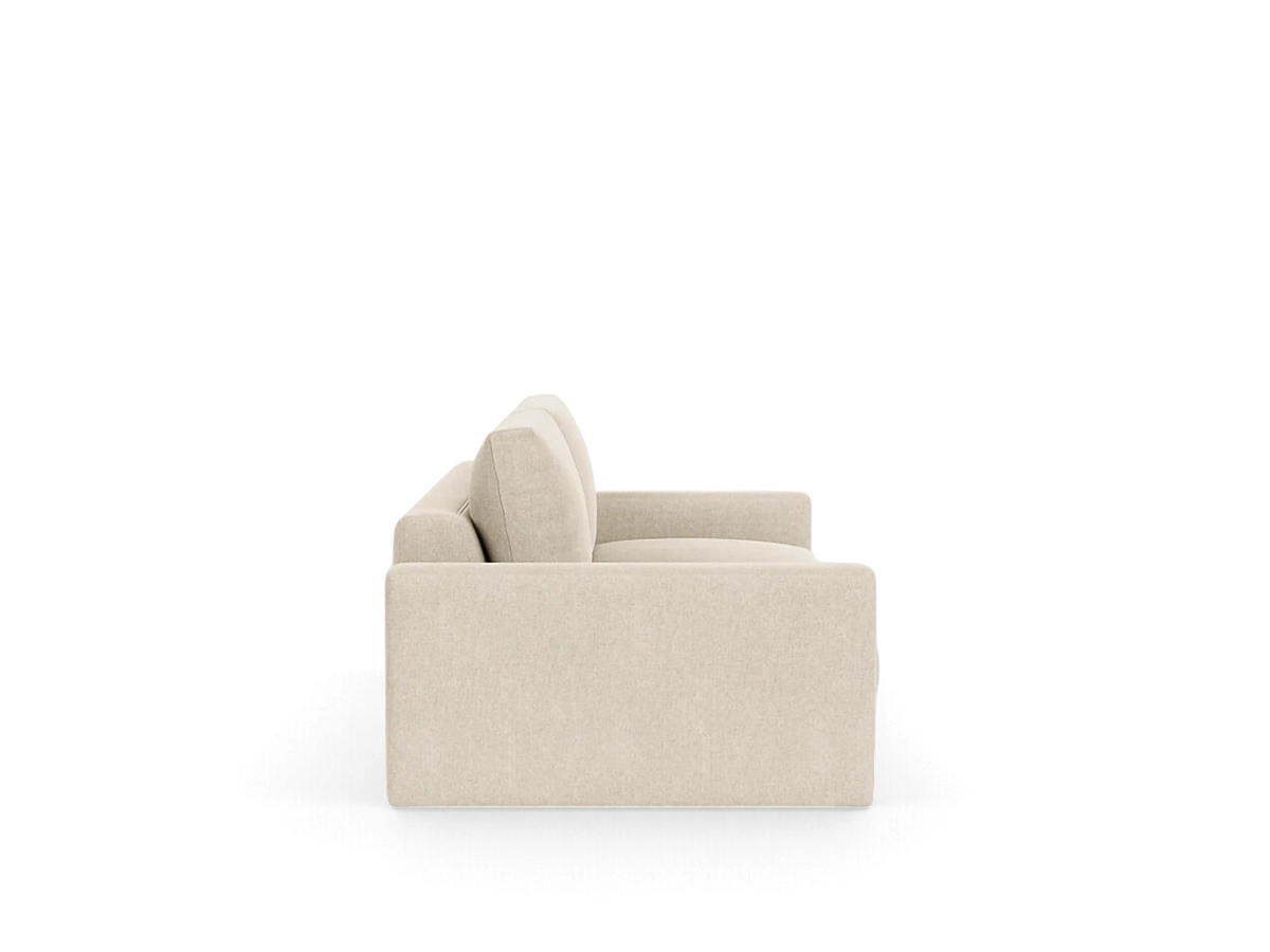 urbane EQ3 Cello 88 inch sofa in beige fabric with a side profile view showing the low back and armrest design