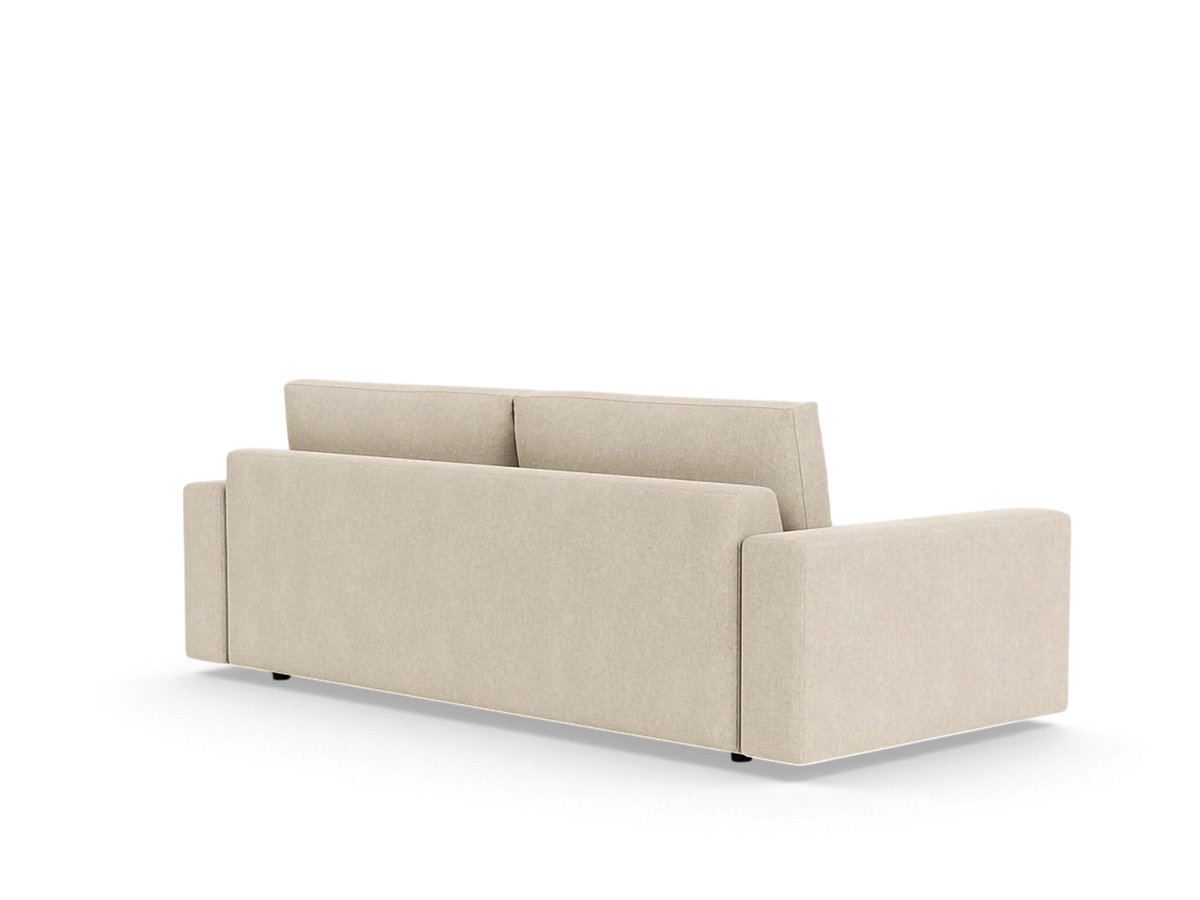 Back view of the urbane EQ3 Cello 88 inch sofa in a neutral beige fabric with clean lines and a modern silhouette.