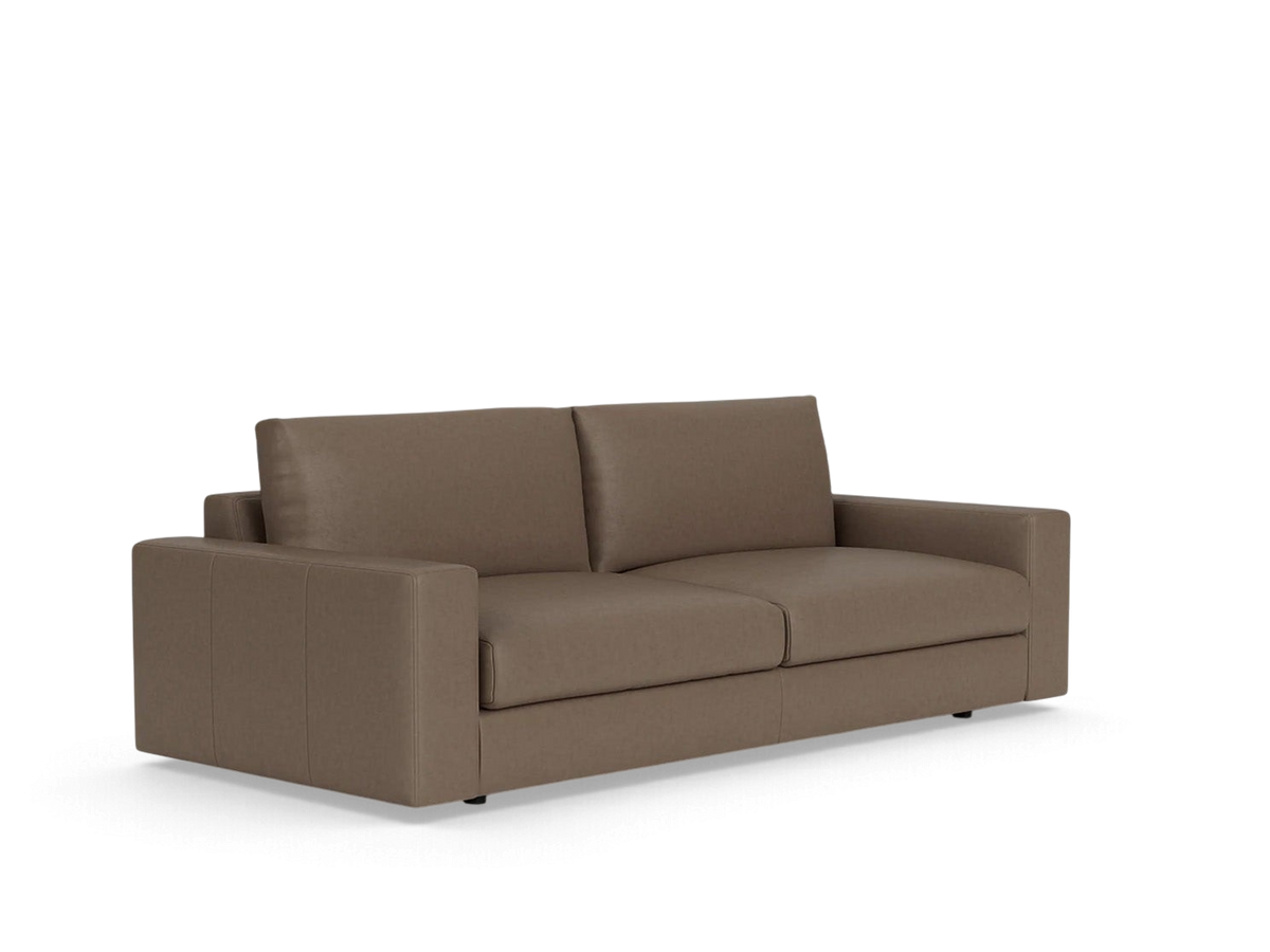 urbane EQ3 Cello 88 inch sofa in a neutral brown fabric with clean lines and comfortable memory foam cushions