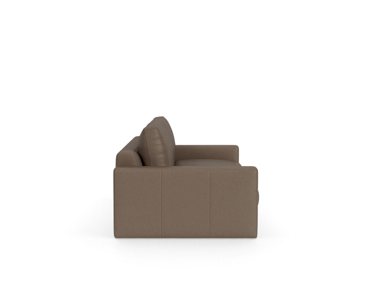 urbane EQ3 Cello 88-inch sofa in a neutral brown fabric with a sleek, low-profile side view and curved arm design.