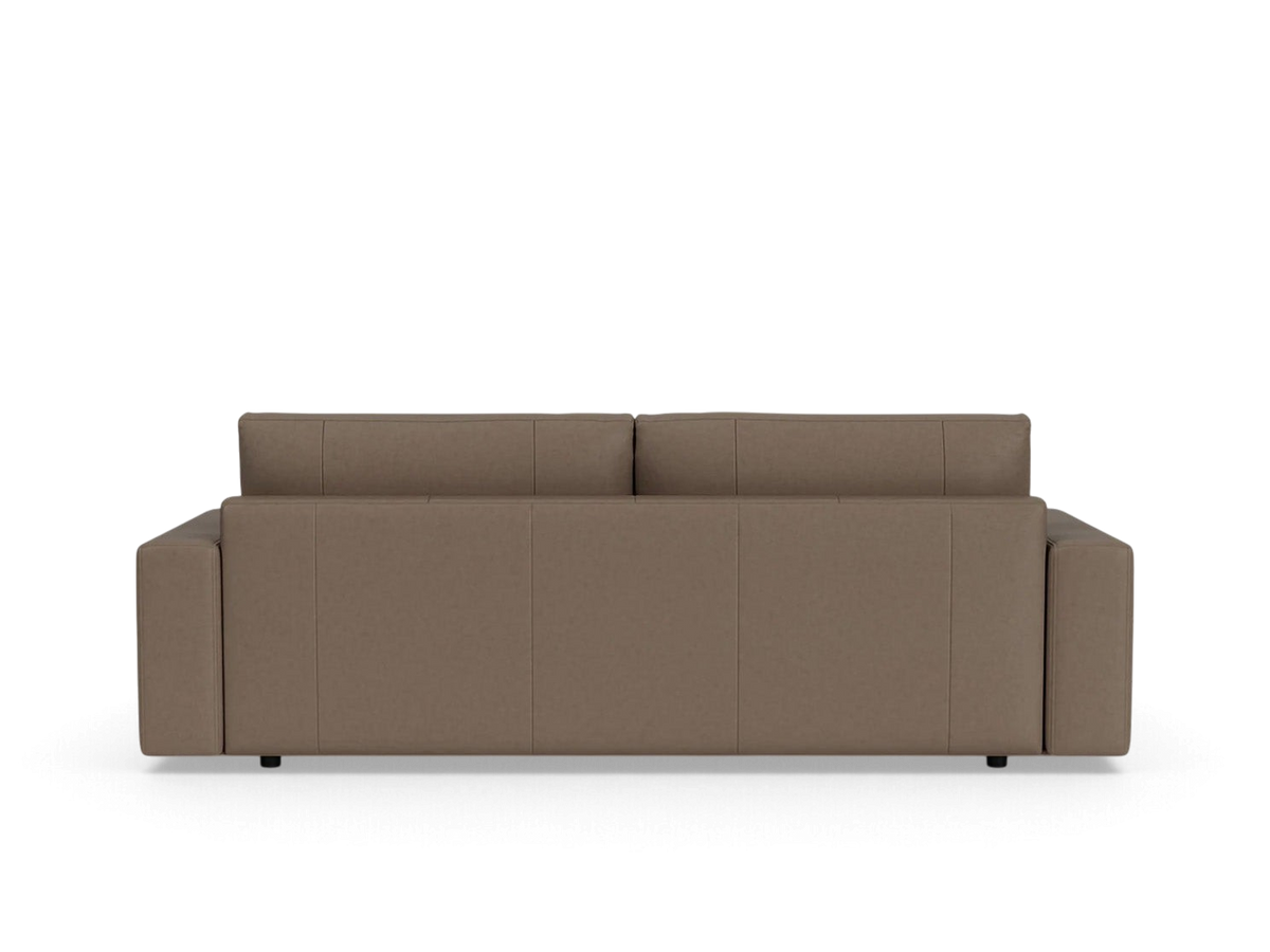 urbane EQ3 Cello 88-inch sofa in a neutral brown fabric with a clean-lined, modern rectangular back view.