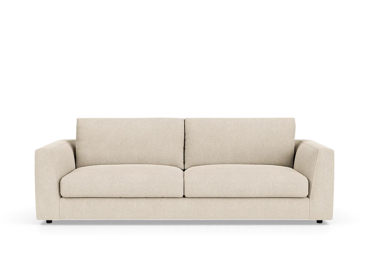 urbane EQ3 Cello 88-inch sofa in a neutral beige fabric with clean lines and comfortable memory foam cushions.