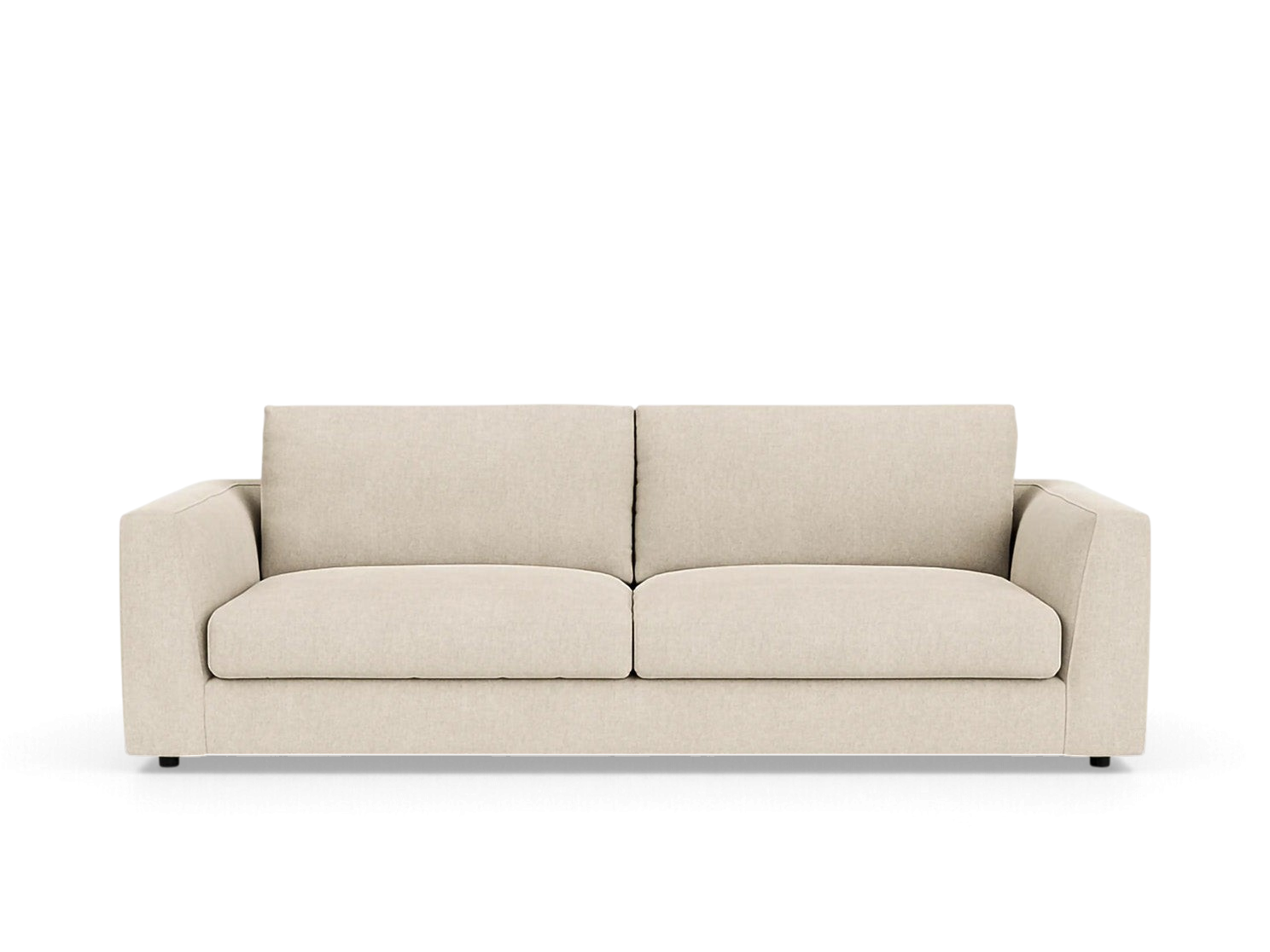 urbane EQ3 Cello 88-inch sofa in a neutral beige fabric with clean lines and comfortable memory foam cushions.