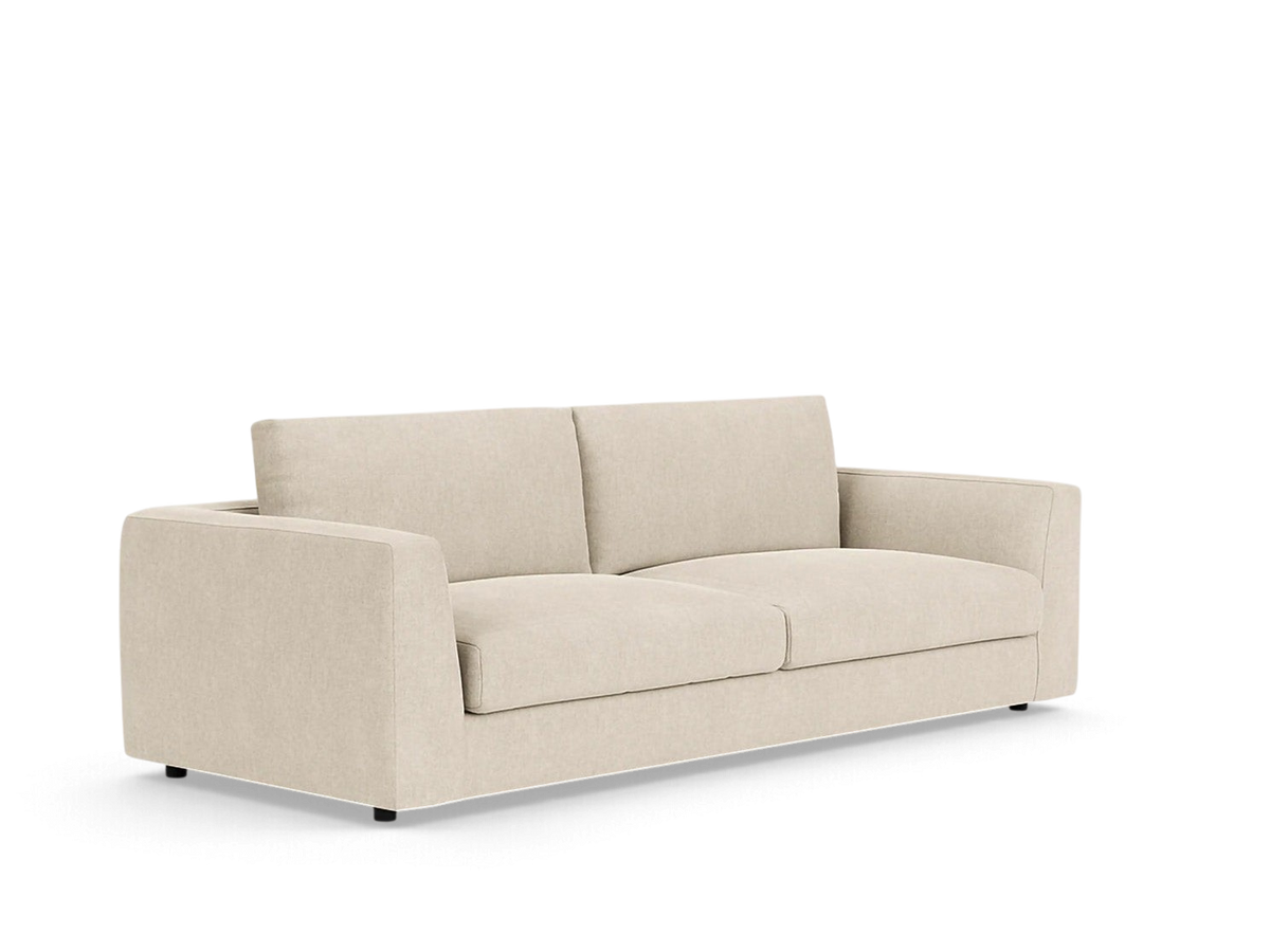 urbane EQ3 Cello 88-inch sofa in a neutral beige fabric with clean lines and comfortable memory foam cushions
