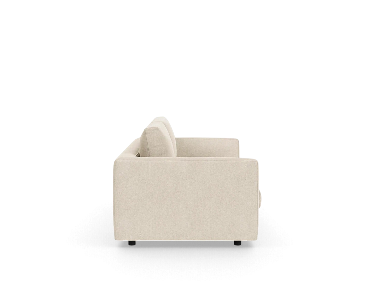urbane EQ3 Cello 88 inch sofa in a neutral beige fabric with a clean-lined side profile view