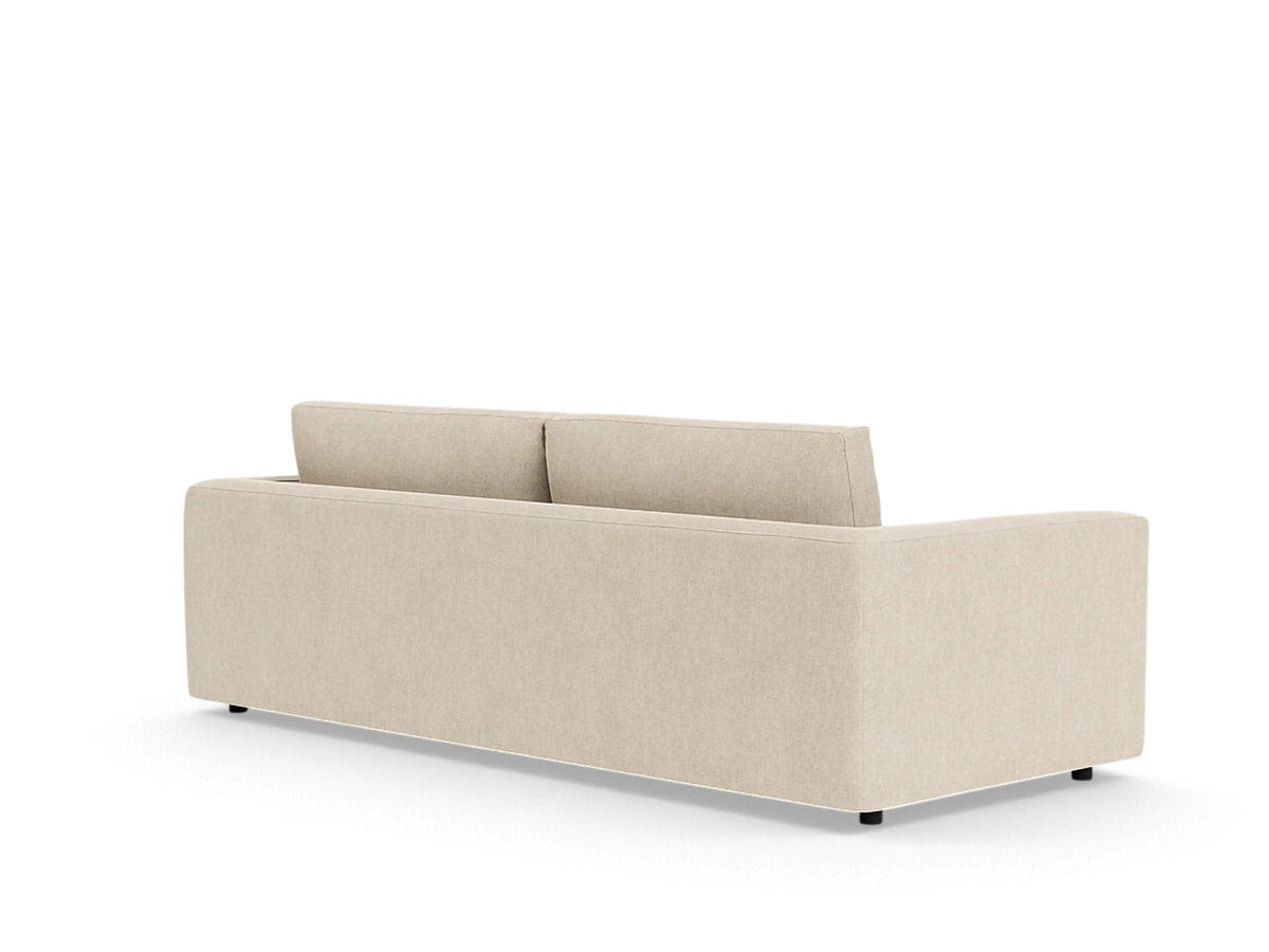 urbane EQ3 Cello 88-inch sofa in beige fabric with a clean-lined back view and minimalist design