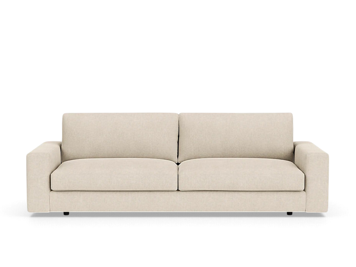 urbane EQ3 Cello 96-inch sofa in a neutral beige fabric with clean lines and comfortable memory foam cushions