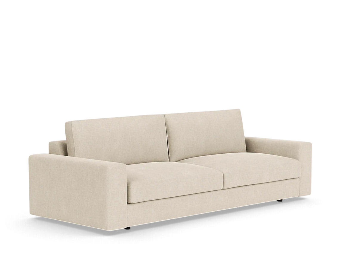 urbane EQ3 Cello 96-inch sofa in a neutral beige fabric with a modern low-profile design and clean lines.