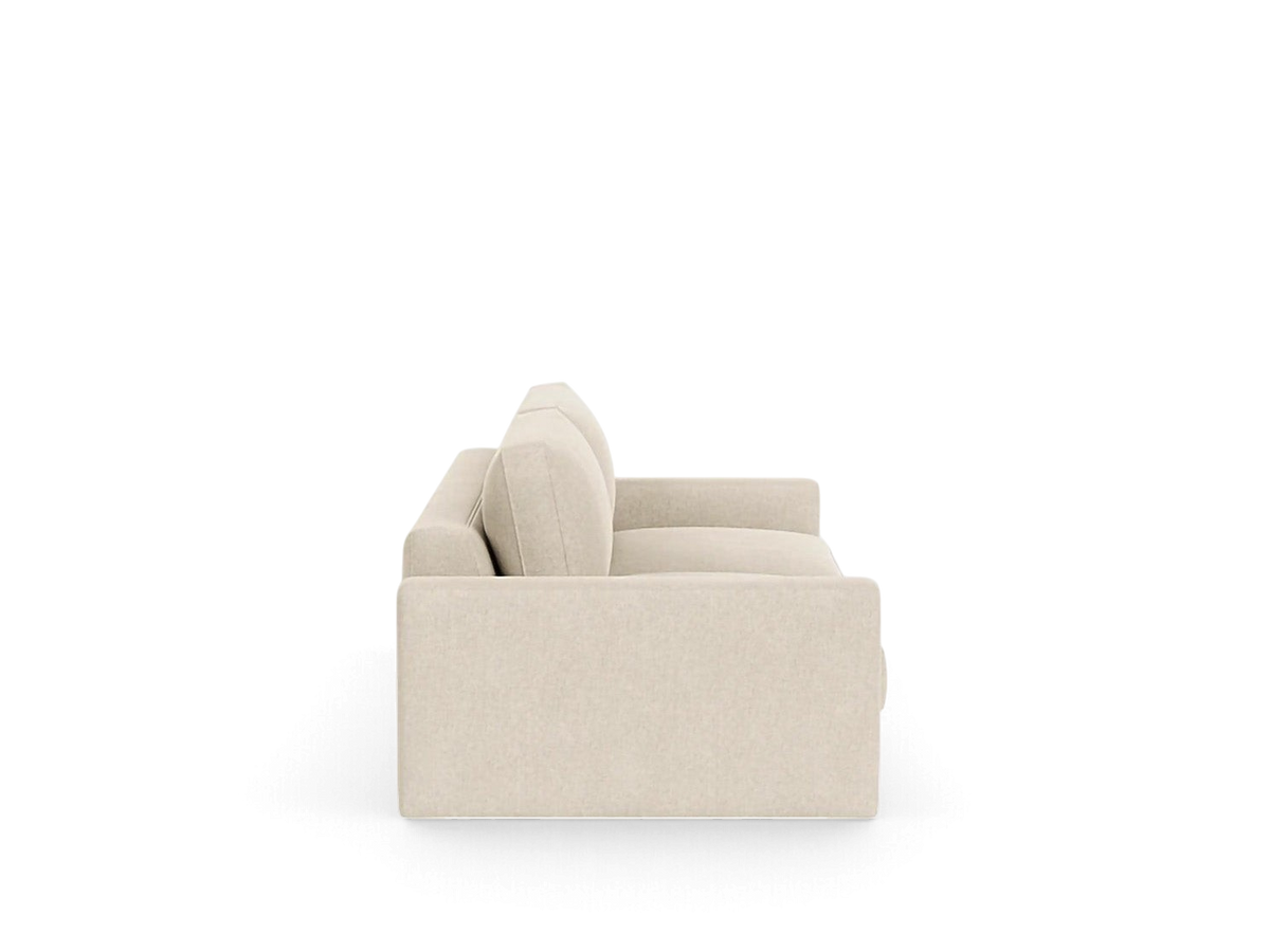 urbane EQ3 Cello 96 inch sofa in a neutral beige fabric with a clean-lined, modern silhouette and angled armrest.