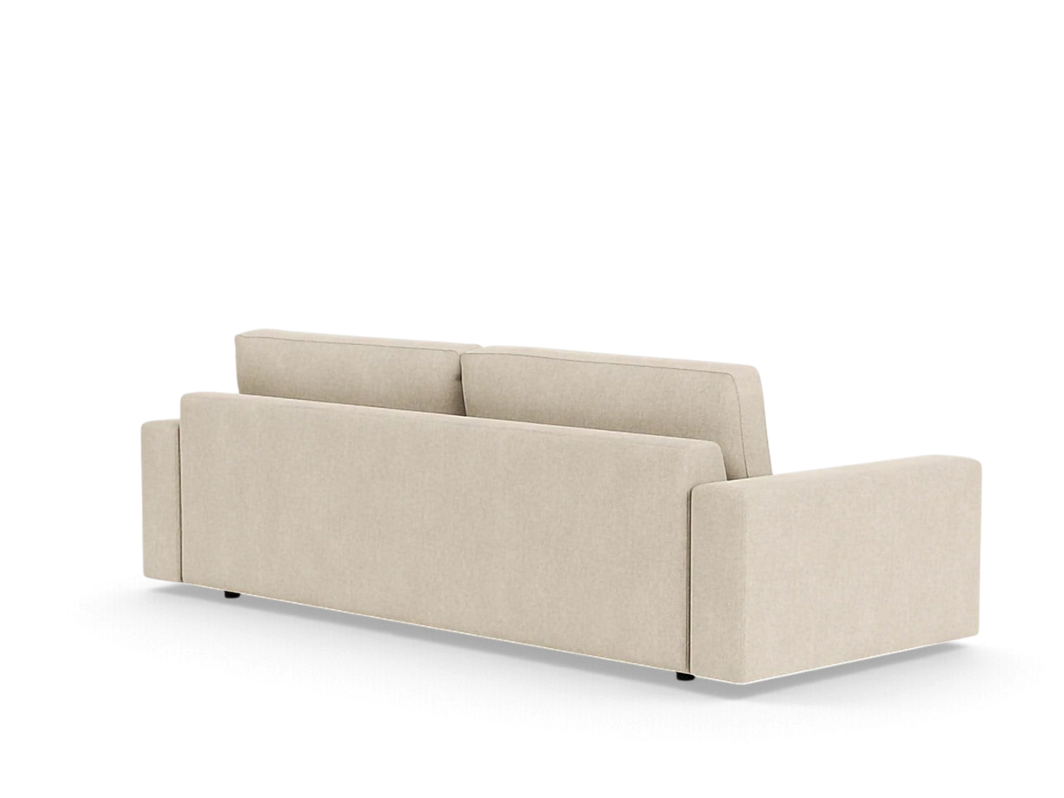 urbane EQ3 Cello 96-inch sofa in a neutral beige fabric with a clean-lined, modern design viewed from the back.