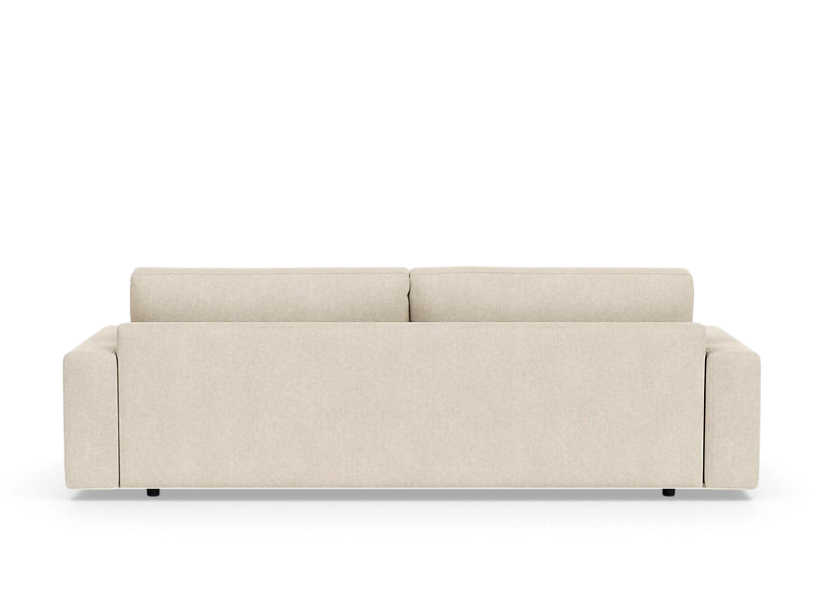 urbane EQ3 Cello 96-inch sofa in beige fabric with a clean, modern silhouette and straight arms, back view.
