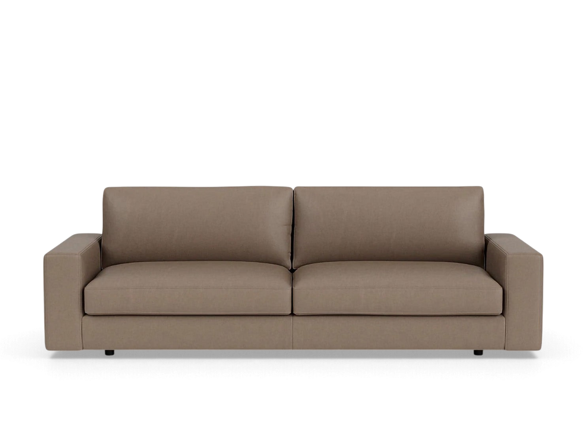 urbane EQ3 Cello 96-inch sofa in a neutral taupe fabric with a modern low-profile design and clean straight lines.