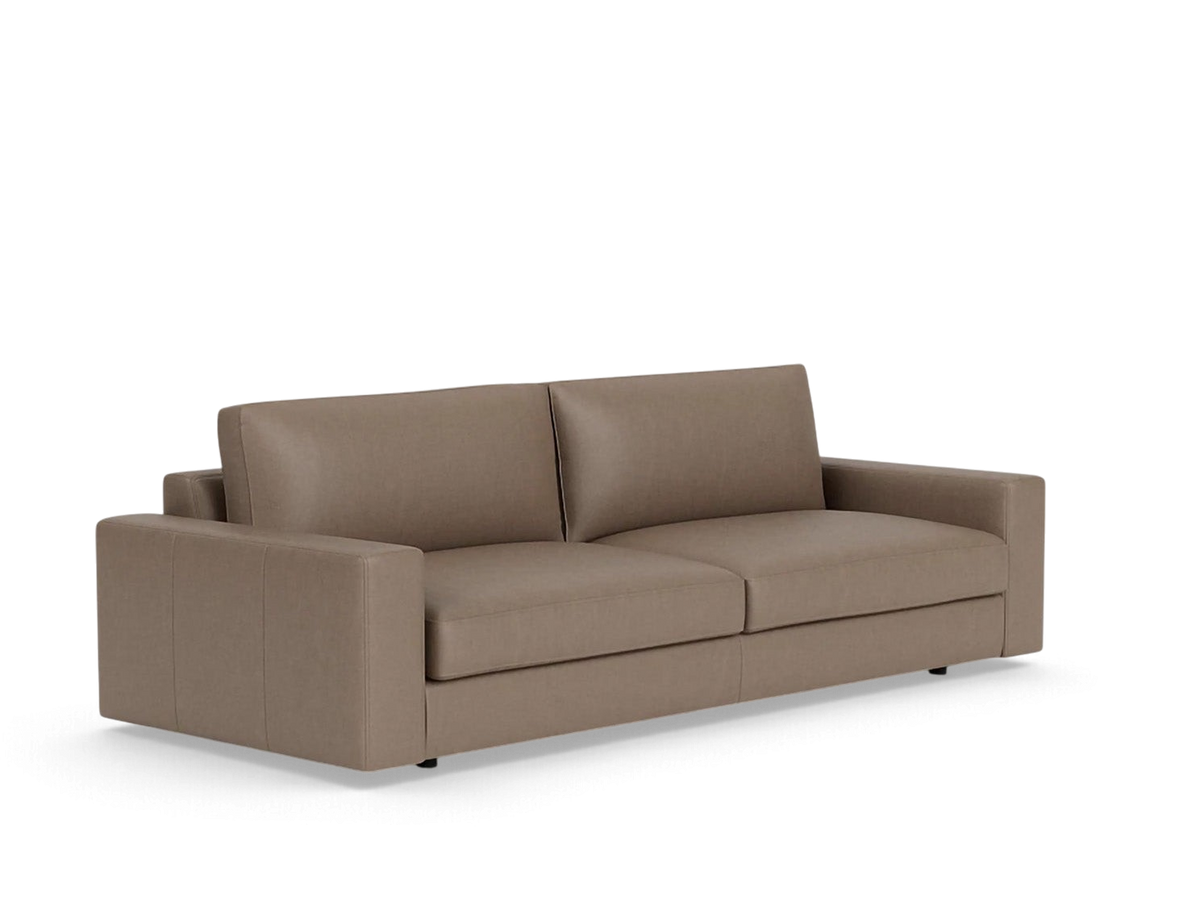 urbane EQ3 Cello 96-inch sofa in a neutral taupe fabric with a low-profile design and clean modern lines