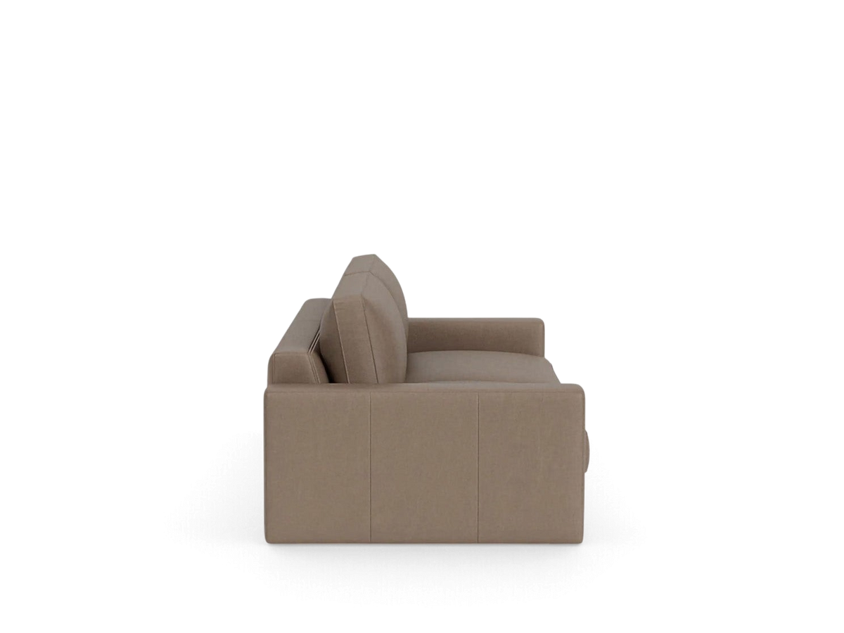 urbane EQ3 Cello 96-inch sofa in a neutral taupe fabric with a sleek, modern profile and straight arm design.