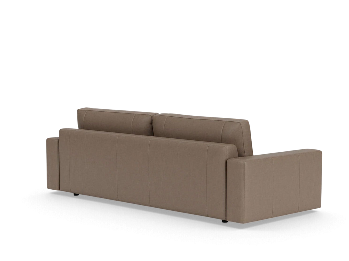 Back view of the urbane EQ3 Cello 96 inch sofa in a neutral taupe fabric with clean, modern lines.