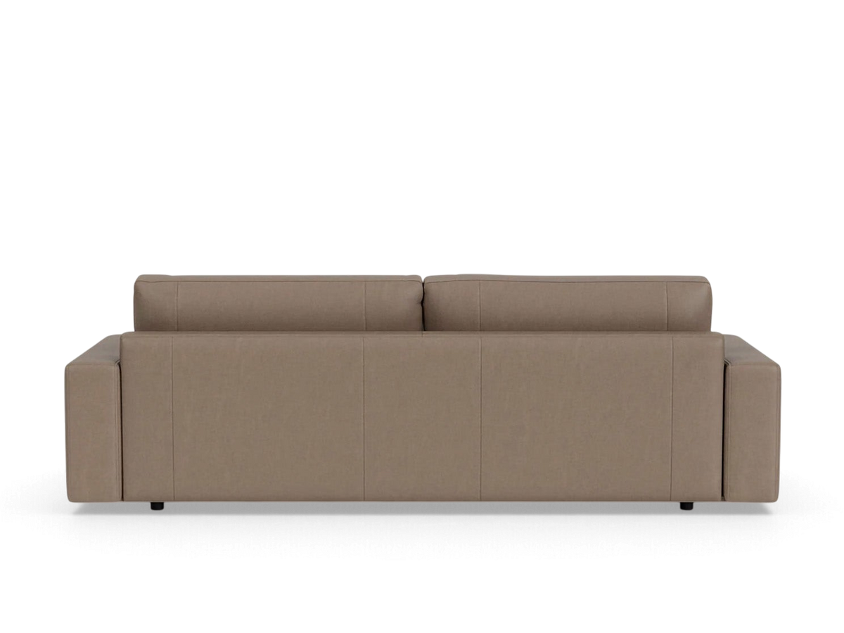 Back view of the urbane EQ3 Cello 96 inch sofa in a neutral taupe fabric with clean lines and a low profile design.