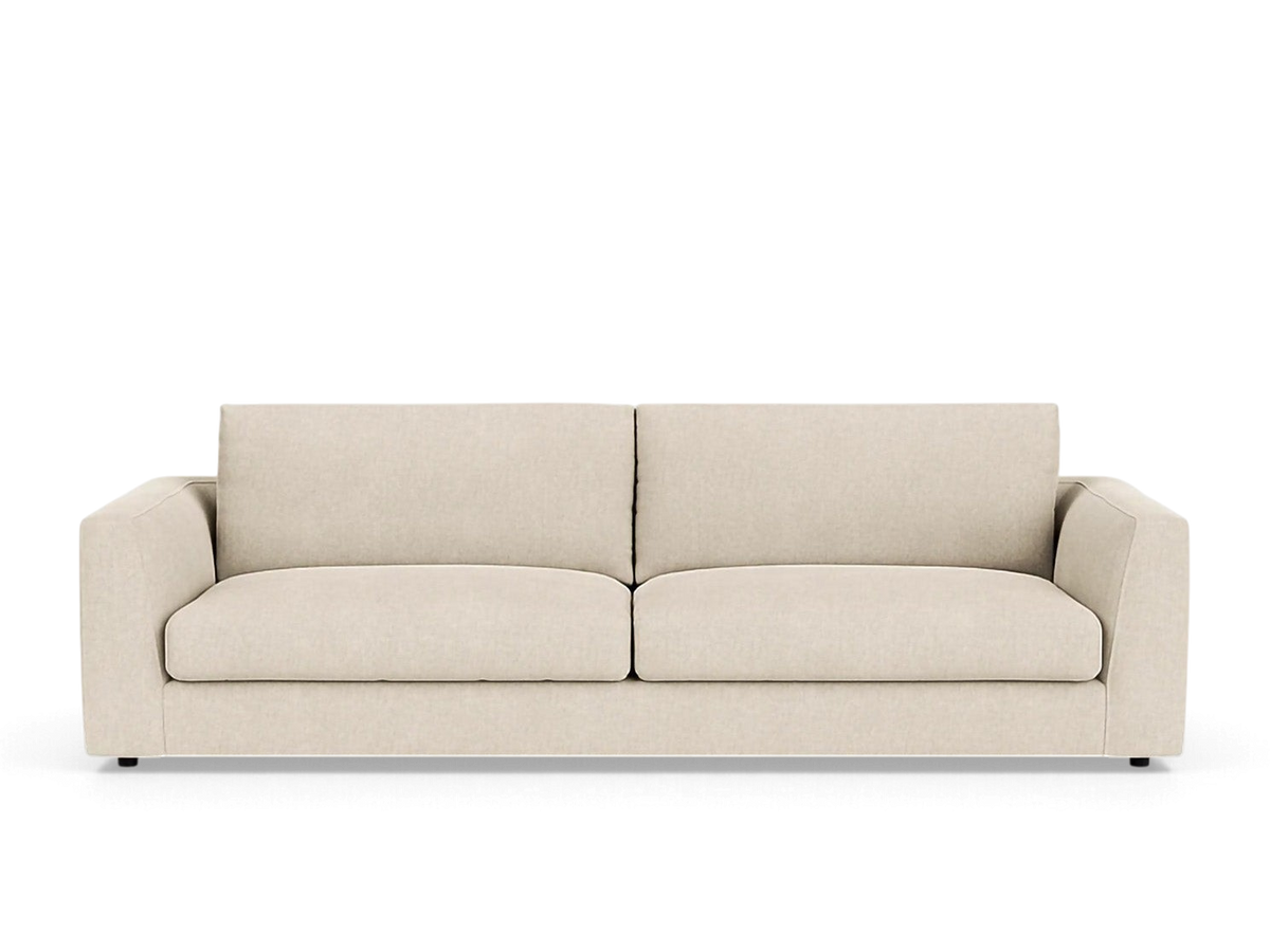 urbane EQ3 Cello 96-inch beige upholstered sofa with elegant curved arms and plush memory foam seat cushions.