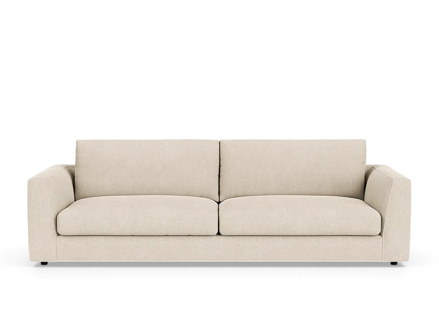 urbane EQ3 Cello 96-inch beige upholstered sofa with elegant curved arms and plush memory foam seat cushions.