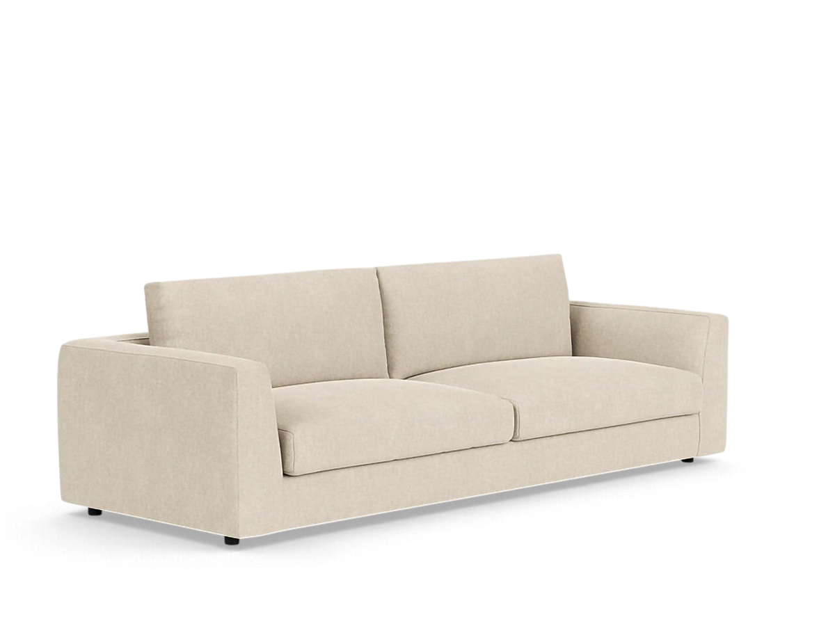 urbane EQ3 Cello 96-inch sofa in a neutral beige fabric with clean lines and comfortable memory foam cushions.