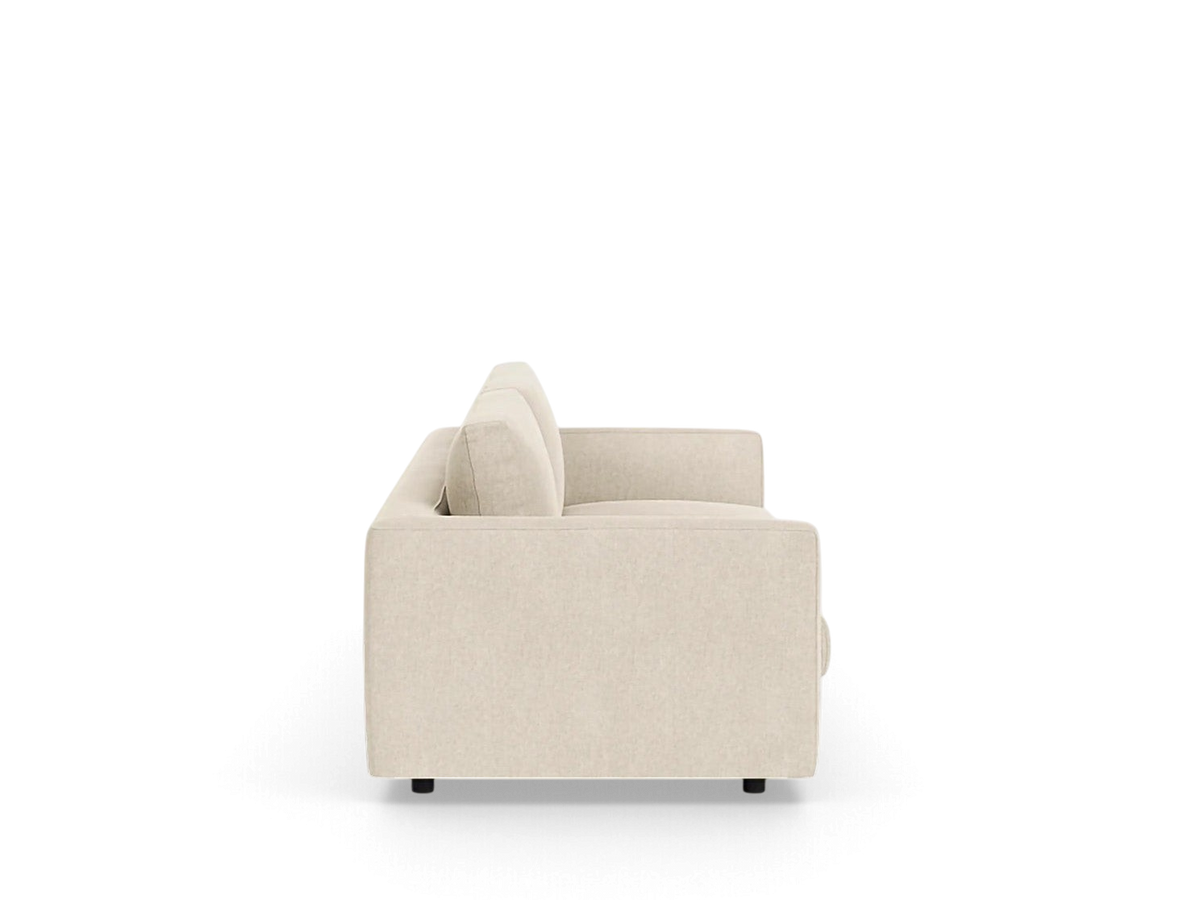 urbane EQ3 Cello 96 inch sofa in light beige fabric with a clean-lined modern profile, side view