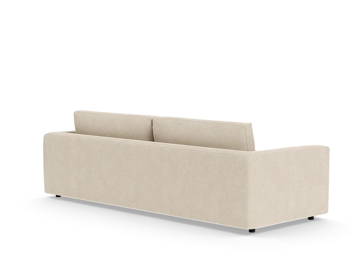 Rear view of the beige upholstered urbane EQ3 Cello 96 inch sofa with elegant curved lines and low profile design.