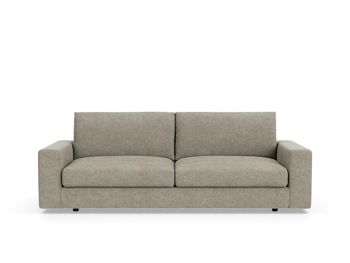 urbane EQ3 Cello Plush 88-inch sofa in a neutral grey fabric with deep, comfortable feather-filled cushions.