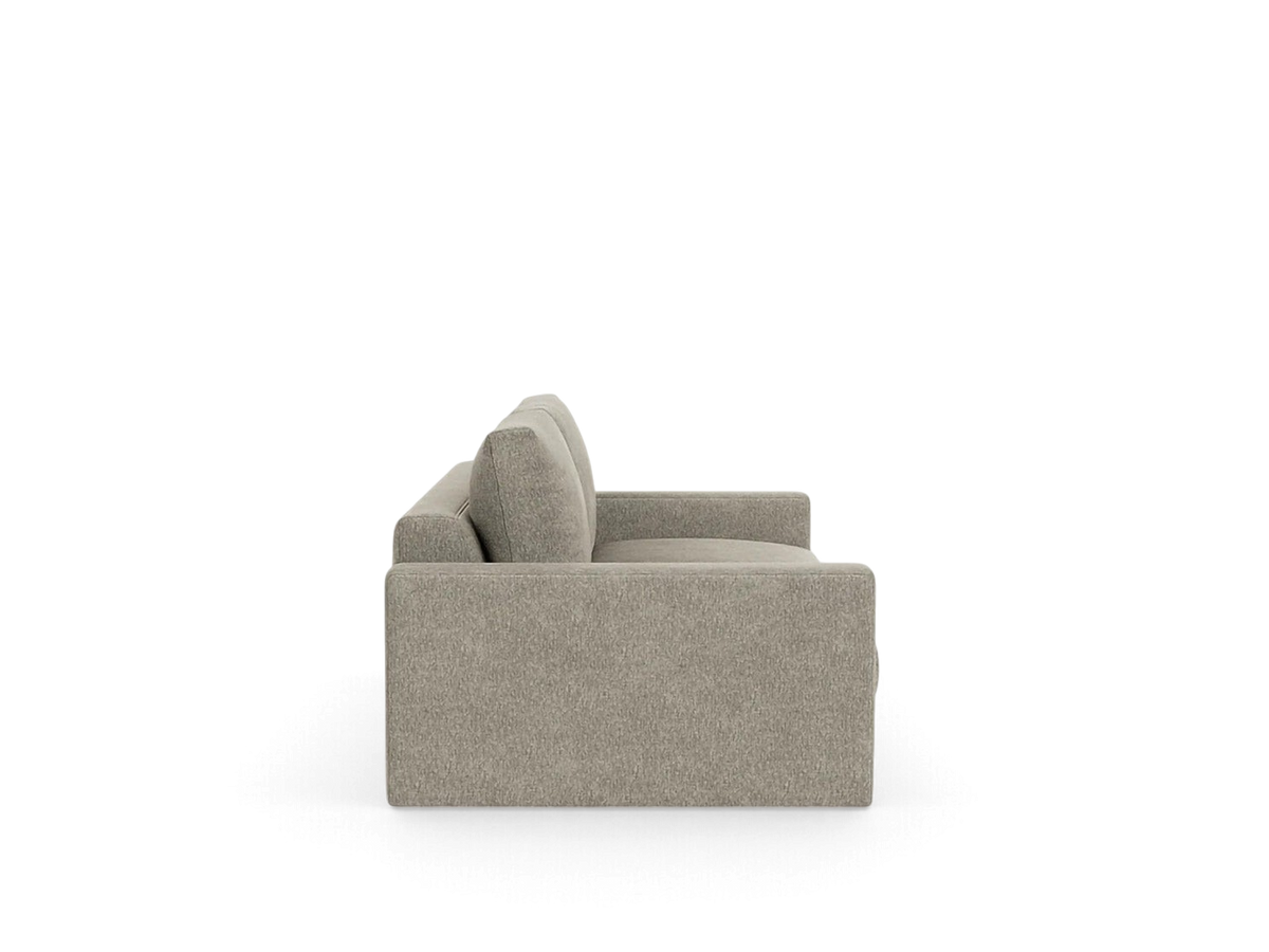 urbane EQ3 Cello Plush 88-inch sofa in a neutral grey fabric, shown from a side profile view.