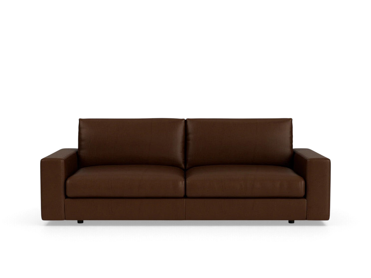 urbane EQ3 Cello Plush 88-inch sofa in dark brown leather with a modern minimalist design and straight arms