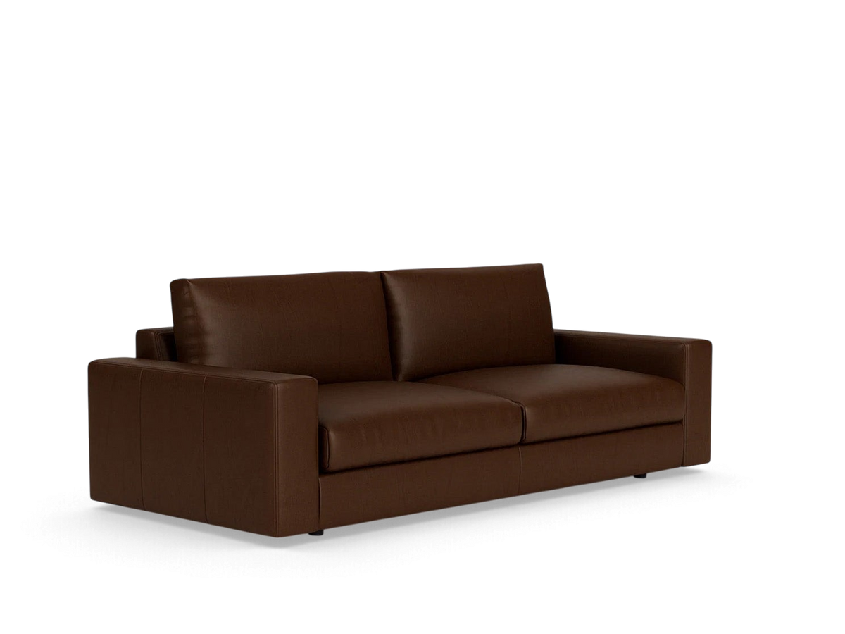 urbane EQ3 Cello Plush 88-inch sofa in dark brown leather with a low-profile, modern design and deep seat cushions.