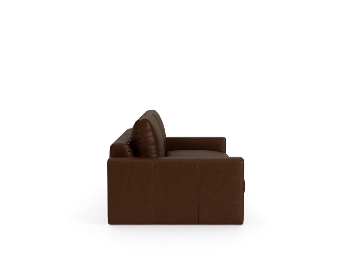 urbane EQ3 Cello Plush 88 inch sofa in dark brown leather with a side profile view showing the angled arm design