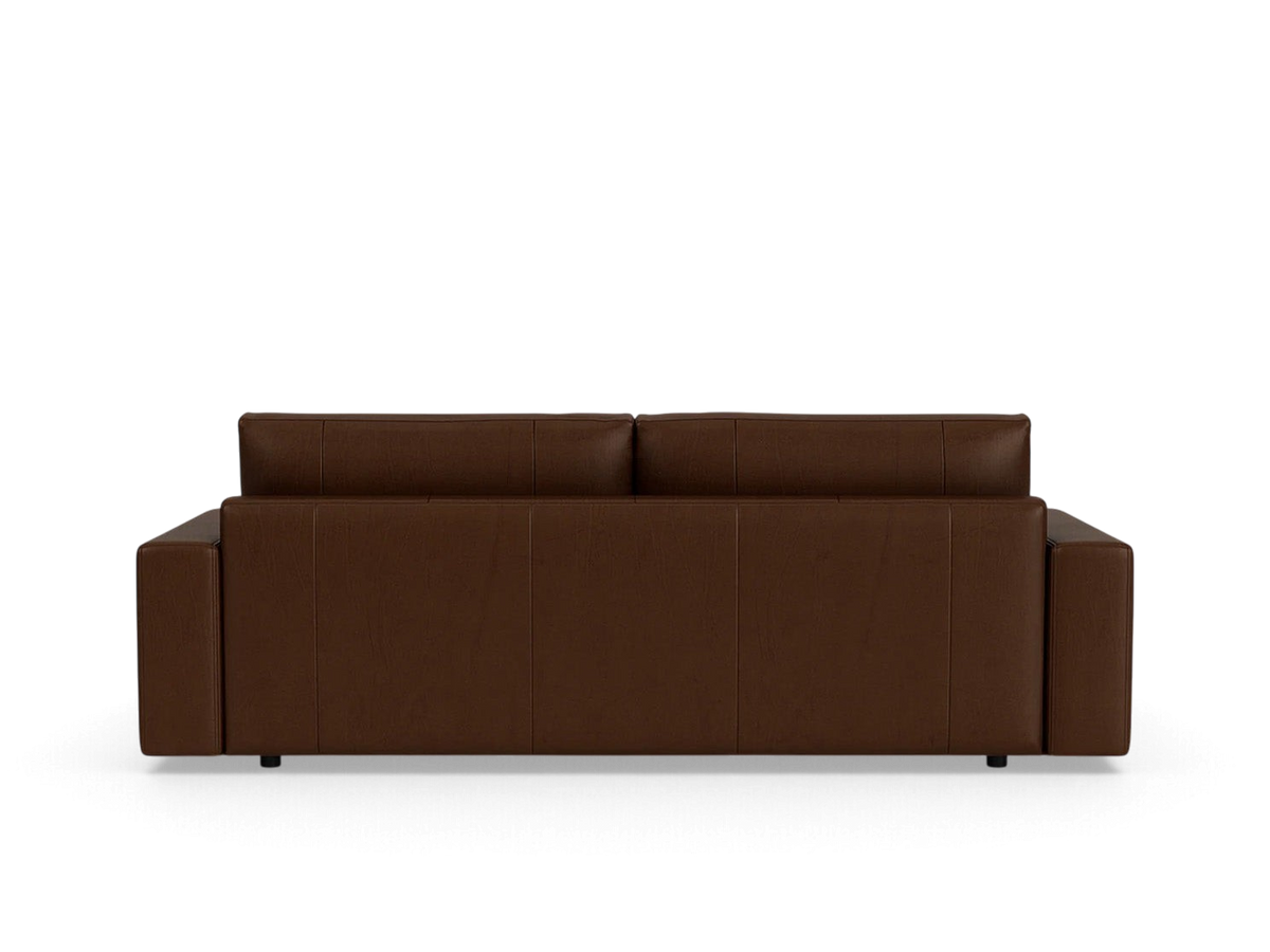 urbane EQ3 Cello Plush 88 inch sofa in brown leather viewed from the back showing clean lines and structured design
