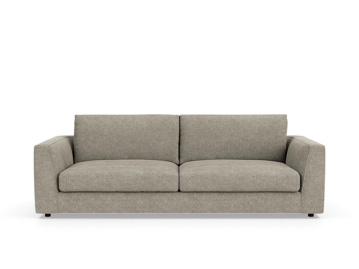 urbane EQ3 Cello Plush 88-inch sofa in a neutral grey fabric with deep, comfortable cushions and angled arms.