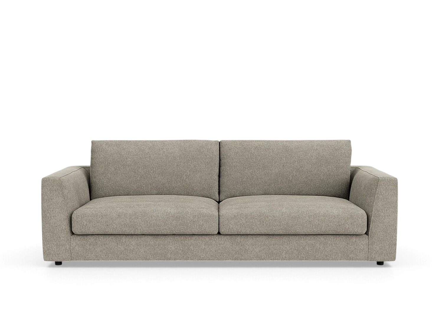 urbane EQ3 Cello Plush 88-inch sofa in a neutral grey fabric with deep, comfortable cushions and angled arms.