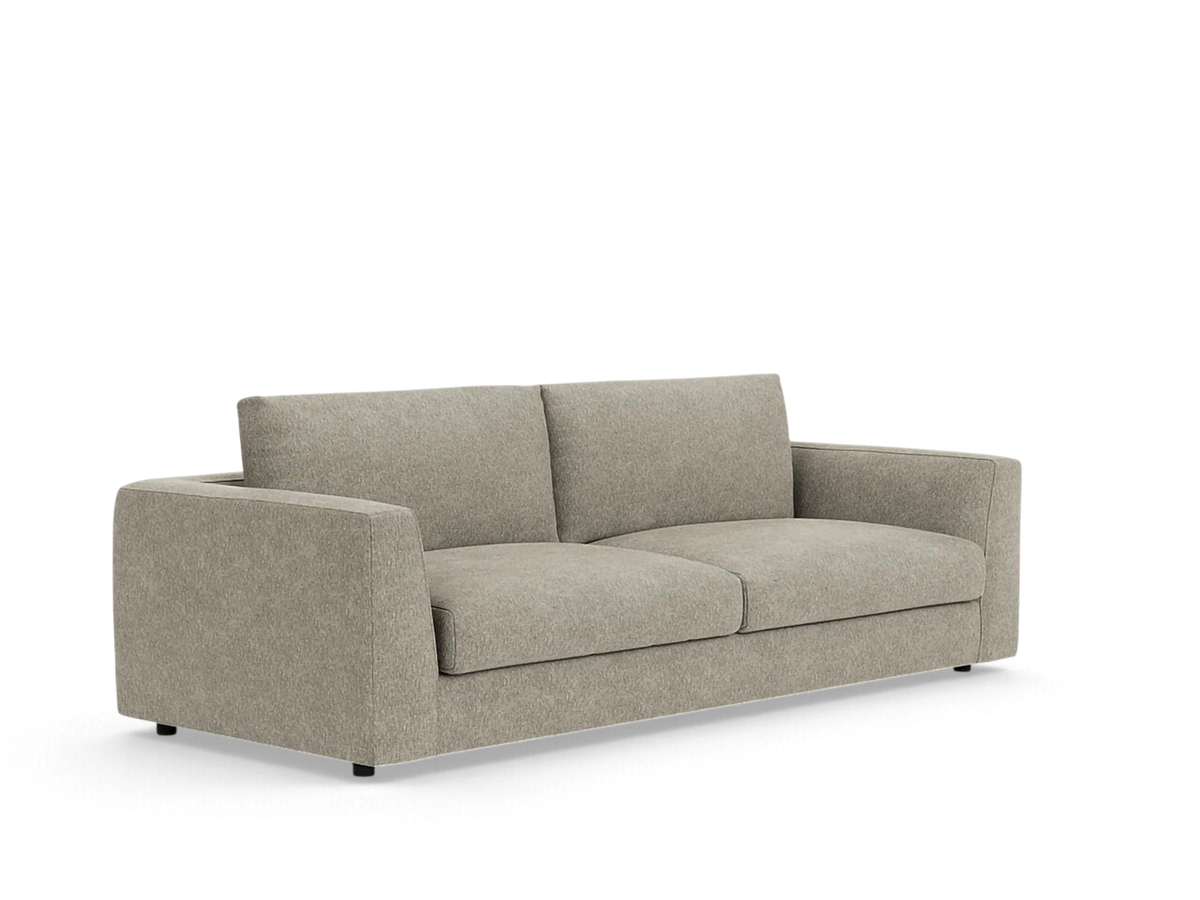 urbane EQ3 Cello Plush 88-inch sofa in a neutral grey fabric with deep, comfortable feather-filled cushions.