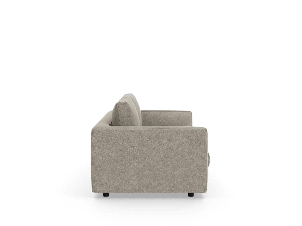 Side profile of the urbane EQ3 Cello Plush 88 inch sofa in a neutral textured fabric with a low-profile design.
