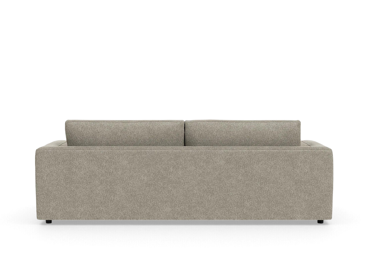 Back view of the urbane EQ3 Cello Plush 88 inch sofa in a neutral textured fabric with a clean minimalist design.
