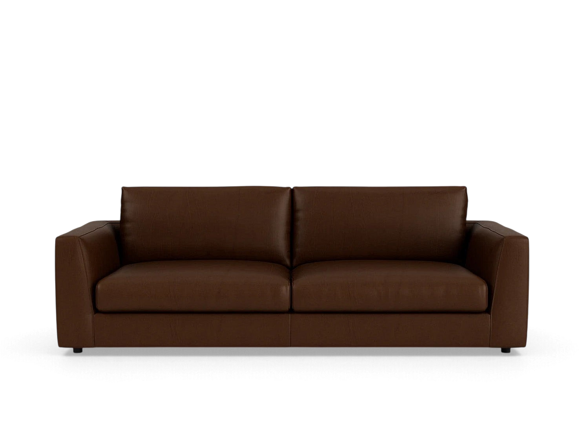 urbane EQ3 Cello Plush 88-inch sofa in dark brown leather with deep, comfortable feather-filled cushions.