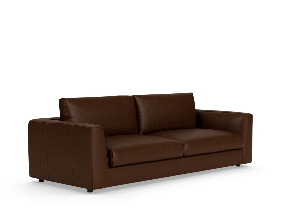 urbane EQ3 Cello Plush 88-inch sofa in dark brown leather with a low-profile, modern design and plush cushions.