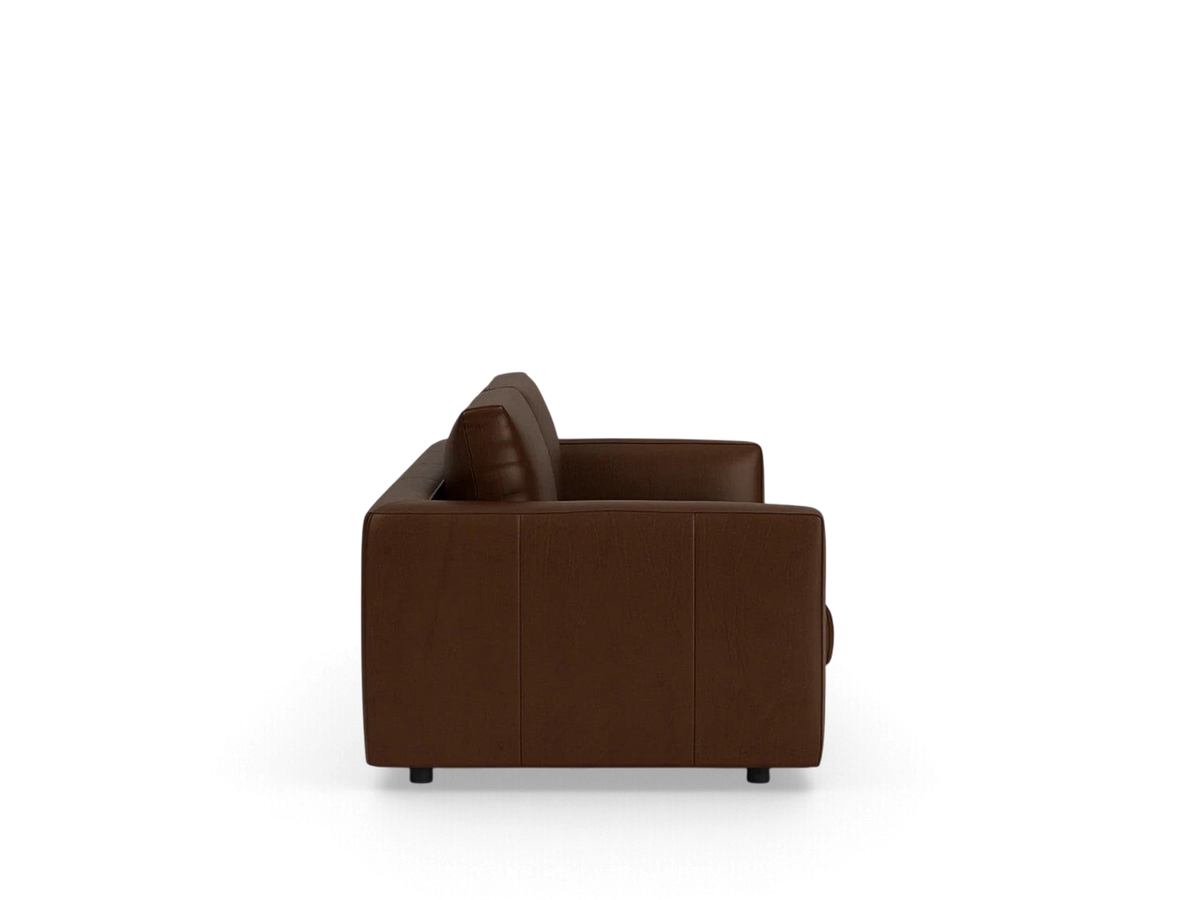 urbane EQ3 Cello Plush 88-inch brown leather sofa viewed from the side showing the angled arm design