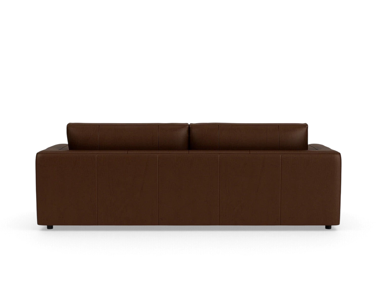 urbane EQ3 Cello Plush 88 inch sofa in dark brown leather viewed from the back with a clean minimalist design