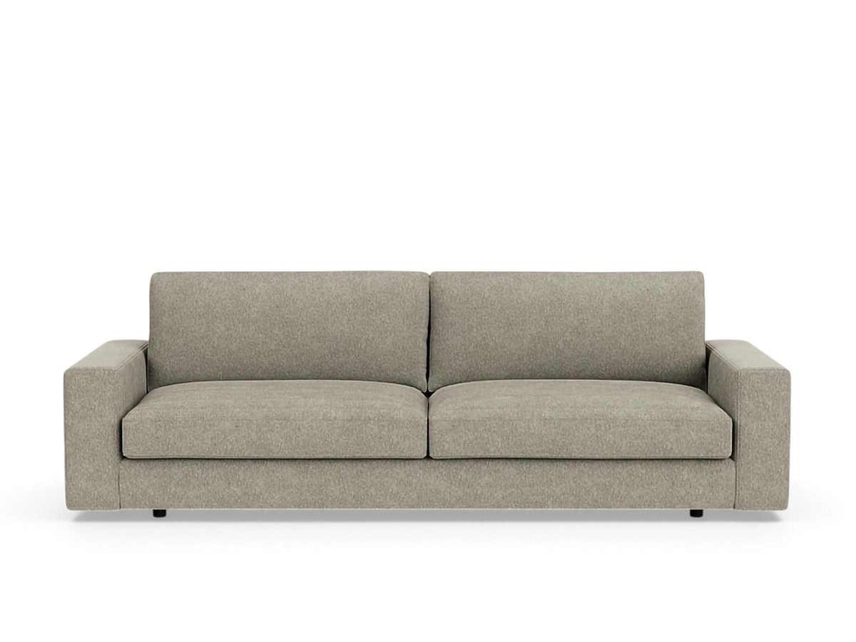 urbane EQ3 Cello Plush 96-inch sofa in a neutral grey fabric with deep, comfortable cushions and straight arms.