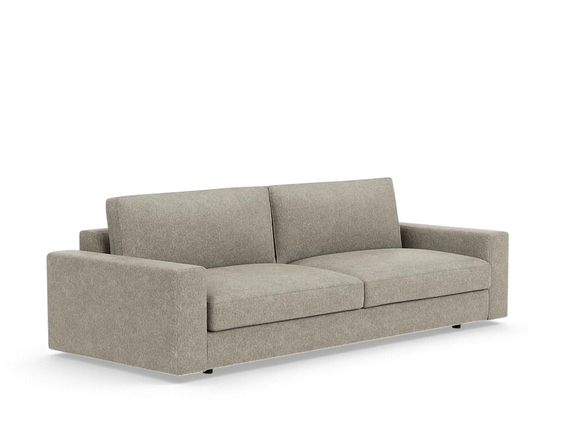 urbane EQ3 Cello Plush 96-inch sofa in a neutral grey fabric with deep, comfortable cushions and low-profile arms.