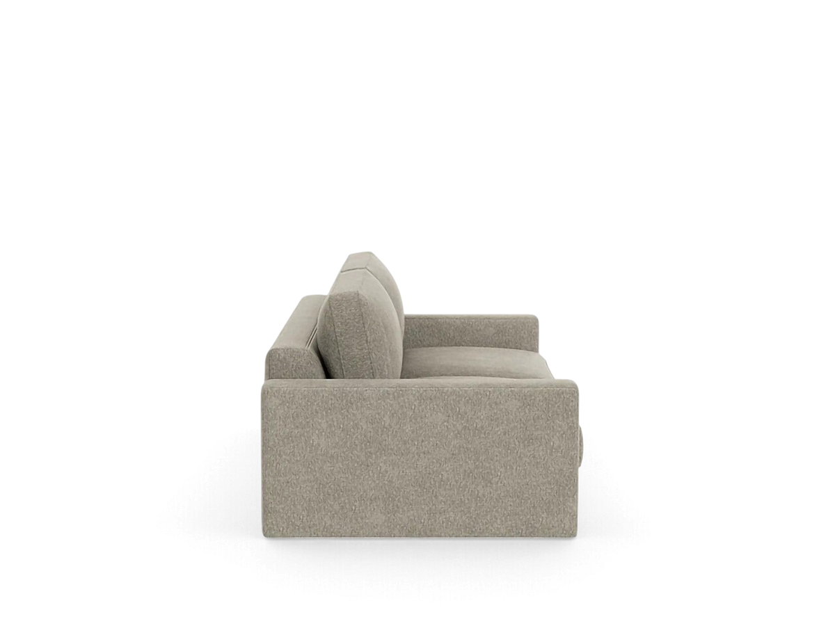 urbane EQ3 Cello Plush 96 inch sofa in a neutral textured fabric, shown from a side profile view.