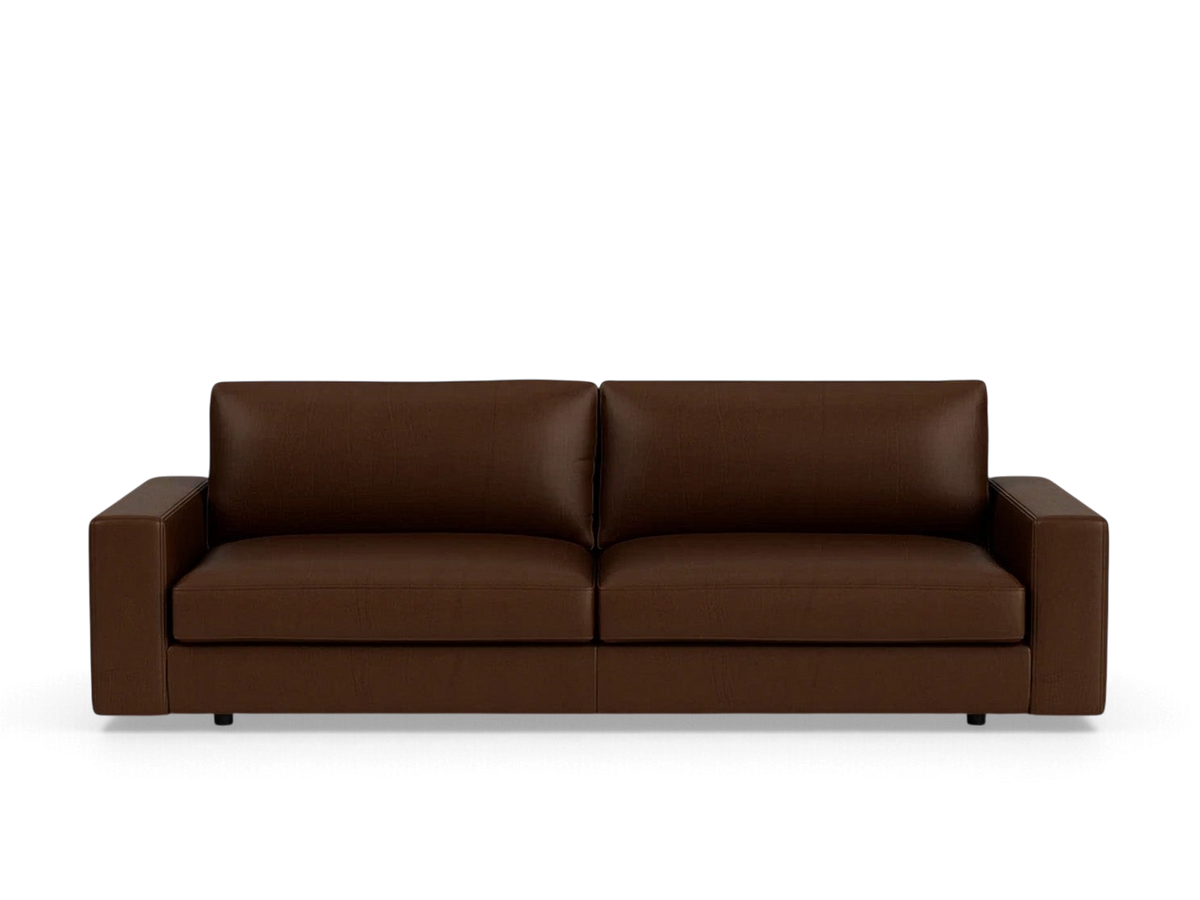 urbane EQ3 Cello Plush 96-inch sofa in dark brown leather with a modern minimalist design and wide track arms.