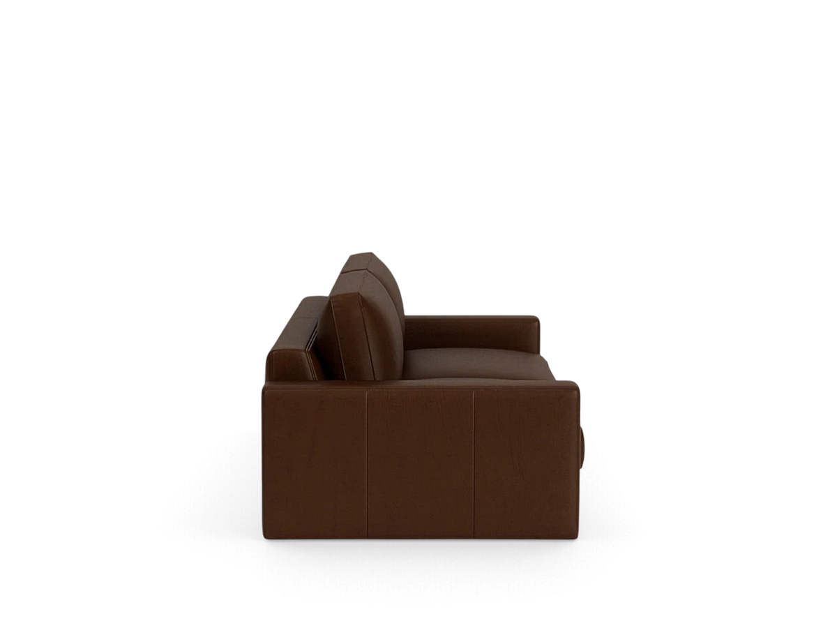 urbane EQ3 Cello Plush 96 inch sofa in brown leather with a sleek, low-profile design and comfortable cushions.