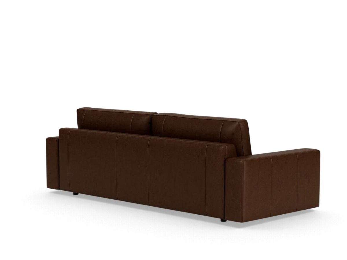 urbane EQ3 Cello Plush 96 inch sofa in brown leather, showing the back view of the modern low-profile design.